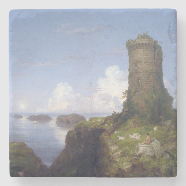 Porta-copo De Pedra Cena Costeira Italiana com Torre Arruinada (Frente)