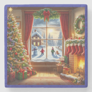 Porta-copo De Pedra Cena da Janela de Natal Cozy