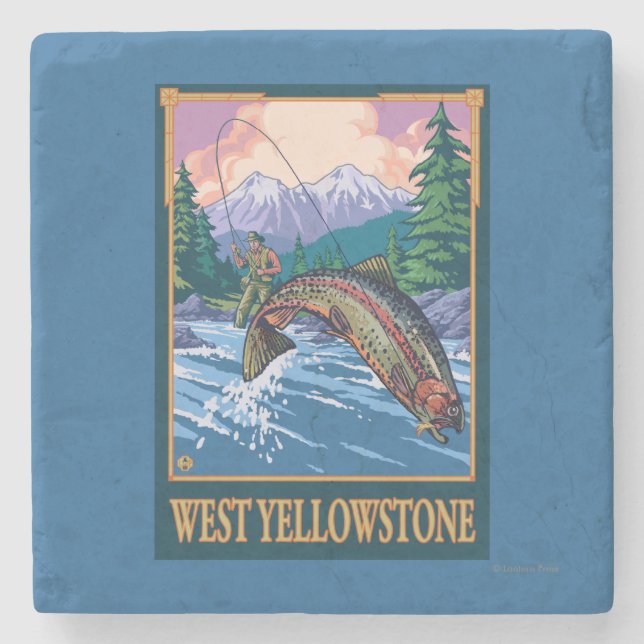 Porta-copo De Pedra Cena da pesca com mosca - Yellowstone ocidental (Frente)