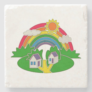 Porta-copo De Pedra Cena rural de desenho animado com arco-íris e casa