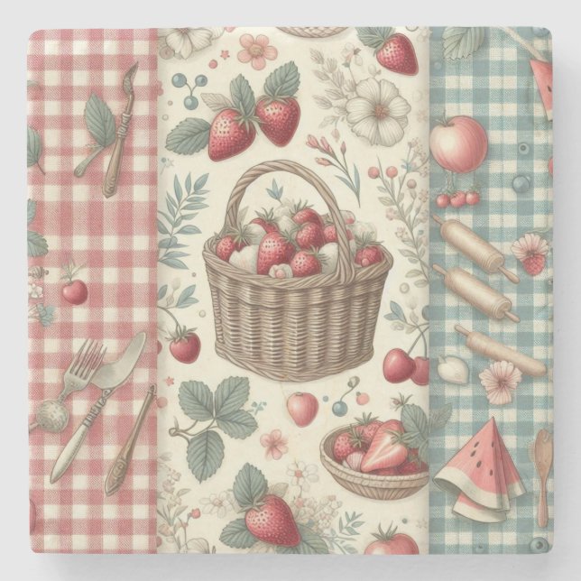 Porta-copo De Pedra Cesta de Frutas Gingham Diversão (Frente)