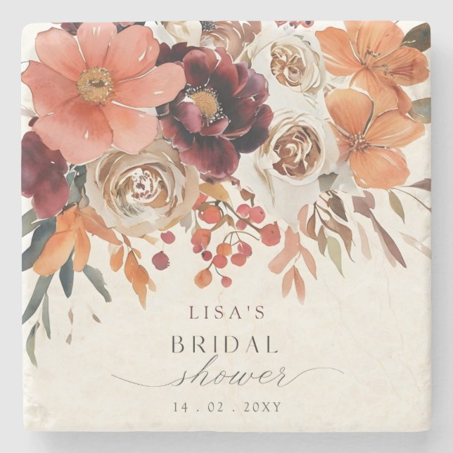 Porta-copo De Pedra Chá de Noiva Floral Rústico Outono Borgonha (Frente)