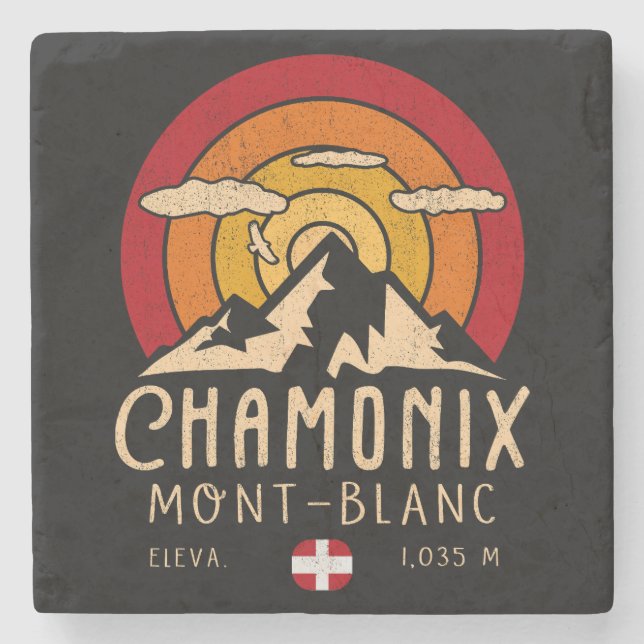 Porta-copo De Pedra Chamonix França Retro Sunset Skiing Souvenirs 80s (Frente)