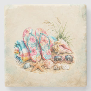 Porta-copo De Pedra Chapéu de Praia Aquarela Vibrações de Verão Pedra 