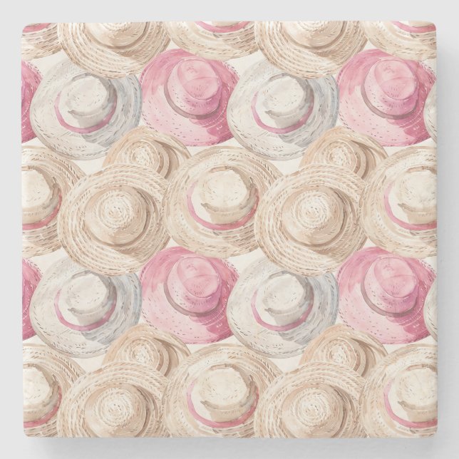 Porta-copo De Pedra Chapéus de Palha Rosa Creme Branco (Frente)