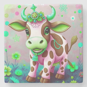 Porta-copo De Pedra Charme Floral de Vaca Rosa Decorativo