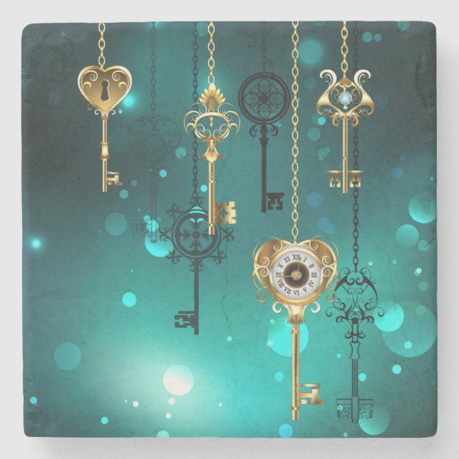 Porta-copo De Pedra Chaves de Esqueleto Anticas em Fundo Verde (Frente)