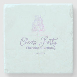 Porta-copo De Pedra Cheers forty happy birthday cake blue purple name 