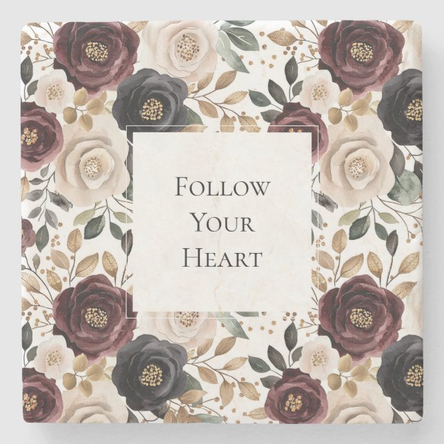 Porta-copo De Pedra Chic Burgundy Cream Floral (Frente)