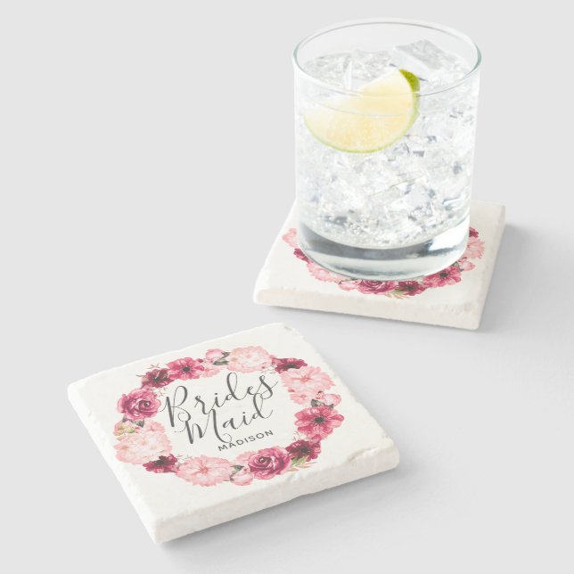 Porta-copo De Pedra Chic Burgundy e Blush Floral Wreath Bridesmaid (Lateral)