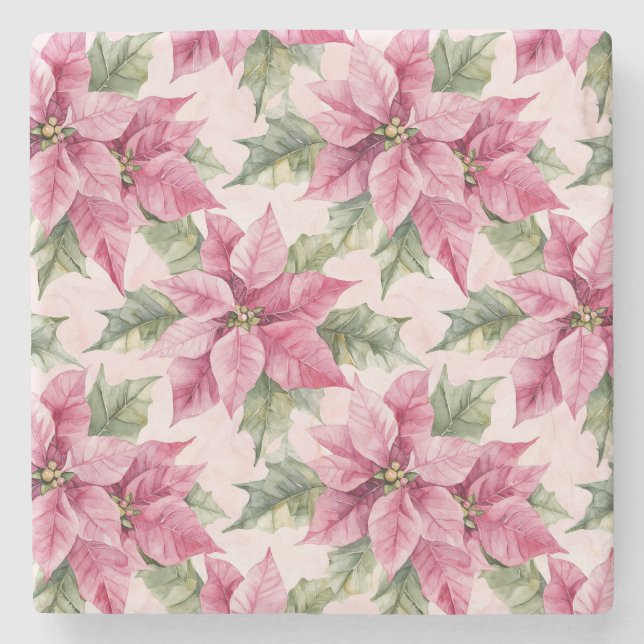 Porta-copo De Pedra Chic Pink Poinsettia Flowers Christmas (Frente)