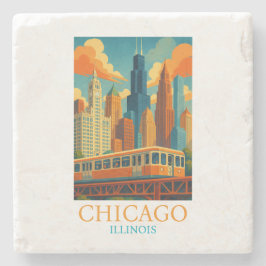 Porta-copo De Pedra Chicago Illinois Skyline Vintage Art Travel