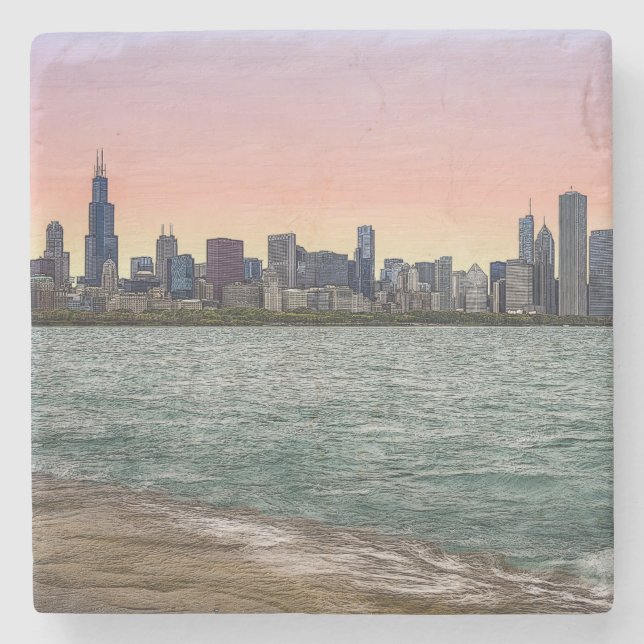 Porta-copo De Pedra Chicago Skyline Painterly (Frente)