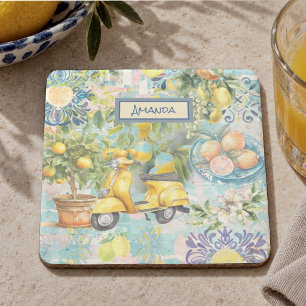 Porta-copo De Pedra Chique azul turquesa siciliano colagem floral cítr
