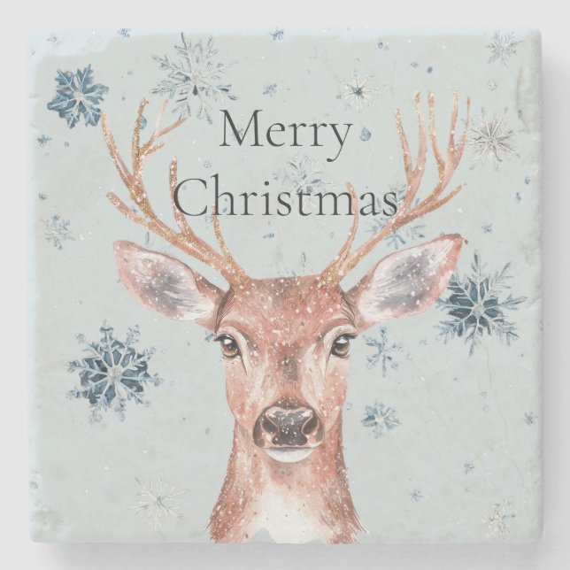 Porta-copo De Pedra Christmas Green Blue Snowflakes Deer  (Frente)