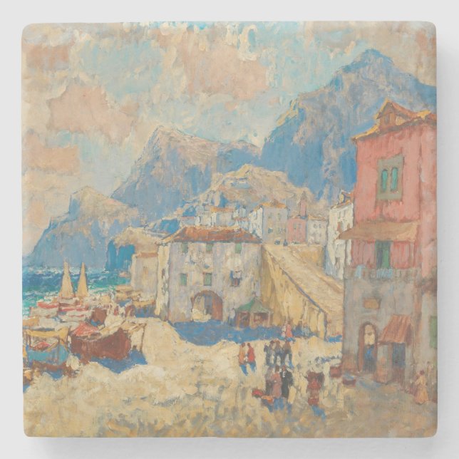 Porta-copo De Pedra Cidade Costeira na Espanha (Paisagem Espanhola Vin (Frente)