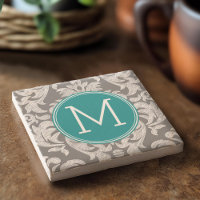 Cinza Chic e Azul Turquesa Padrão Damask Monograma