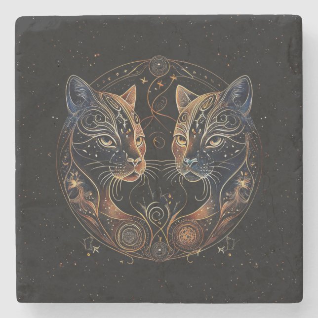 Porta-copo De Pedra Círculo Felino Artístico Gatos Gêmeos (Frente)