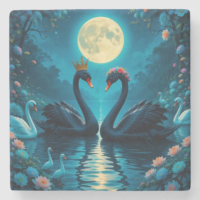 Porta-copo De Pedra Cisnes Negros Elegantes Sob Lua Cheia (Frente)