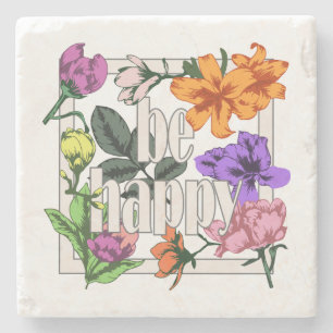 Porta-copo De Pedra Citação positiva Ser Feliz e flores de jardim