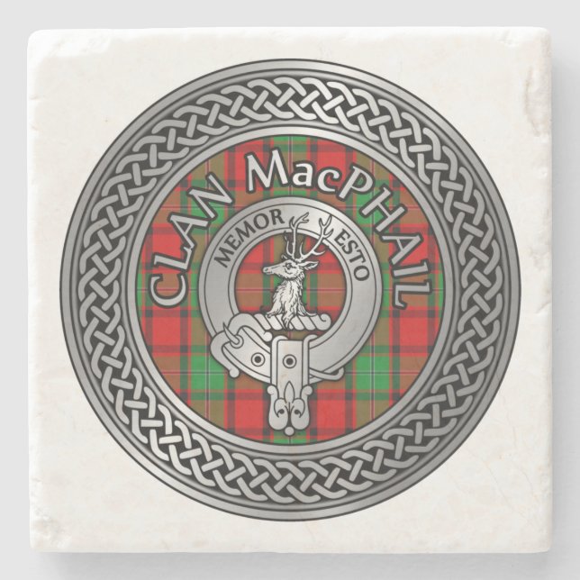 Porta-copo De Pedra Clan MacPhail Crest & Tartan Knot (Frente)