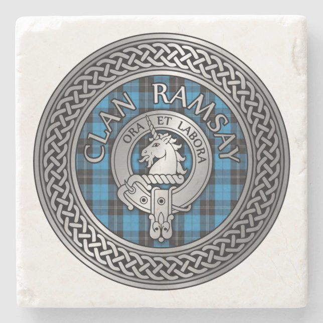 Porta-copo De Pedra Clan Ramsay Crest & Hunting Tartan Knot (Frente)