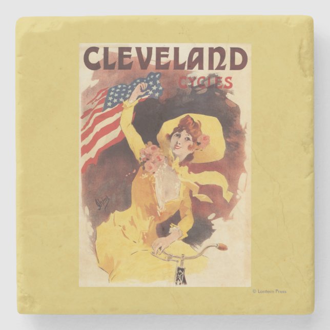 Porta-copo De Pedra Cleveland Bicycles a menina americana no amarelo (Frente)