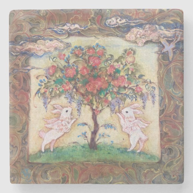 Porta-copo De Pedra Cloud Rabbits & Tree of Life (Frente)