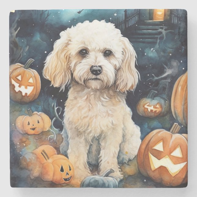 Porta-copo De Pedra Cockapoo de Halloween com Abóboras Assustadoras (Frente)
