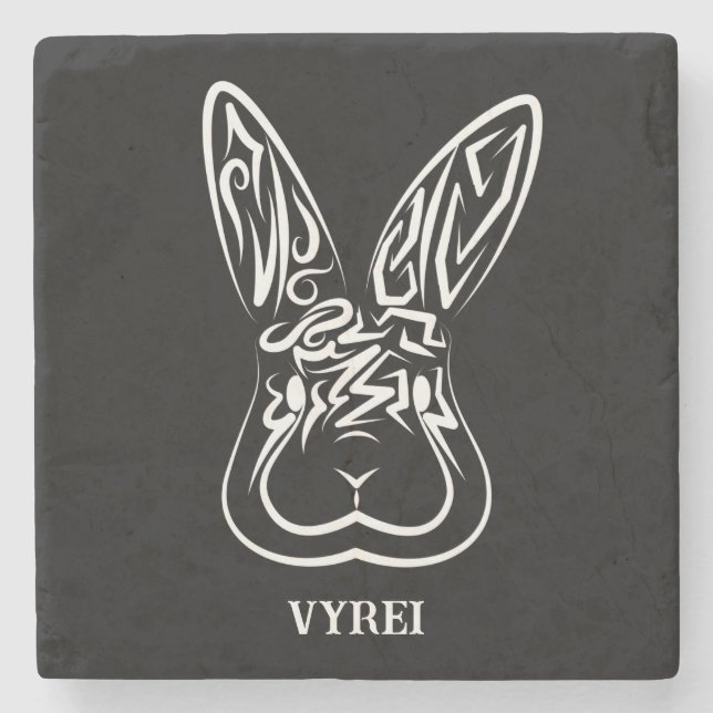 Porta-copo De Pedra Coelho Tribal Negro e Branco (Frente)