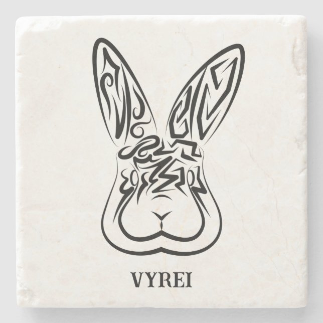 Porta-copo De Pedra Coelho Tribal Negro e Branco (Frente)