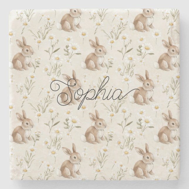 Porta-copo De Pedra Coelhos Bunny Flores de Margarida (Frente)
