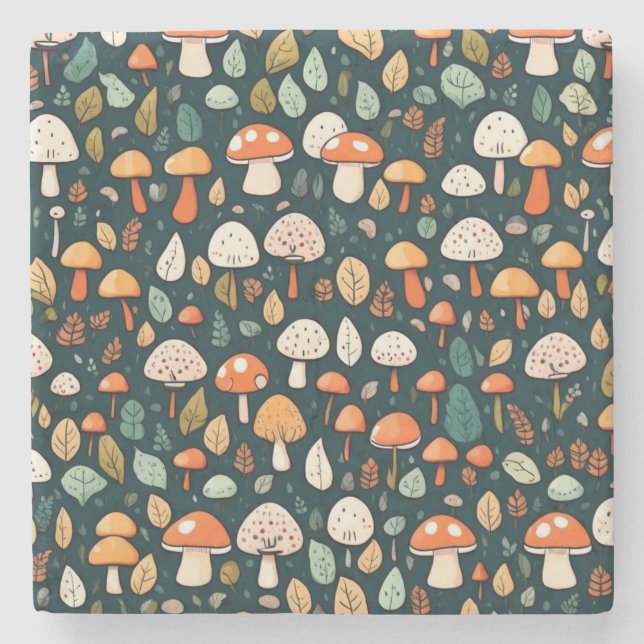 Porta-copo De Pedra Cogumelos brancos folhas design (Frente)