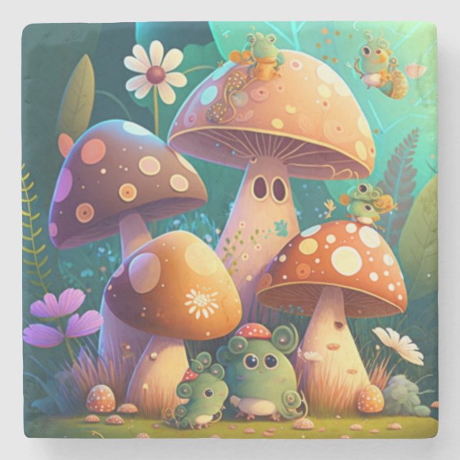 Porta-copo De Pedra Cogumelos e flores insetos verdes (Frente)