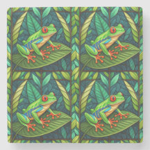 Colorful artwork of green frogs with red eyes