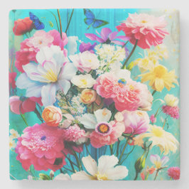 Porta-copo De Pedra Colorful Flowers  on Teal