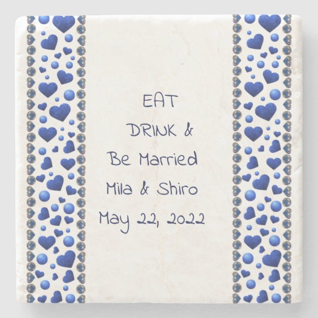 Porta-copo De Pedra Coma&Bebida Personalizada, coração brilhante Azul (Frente)