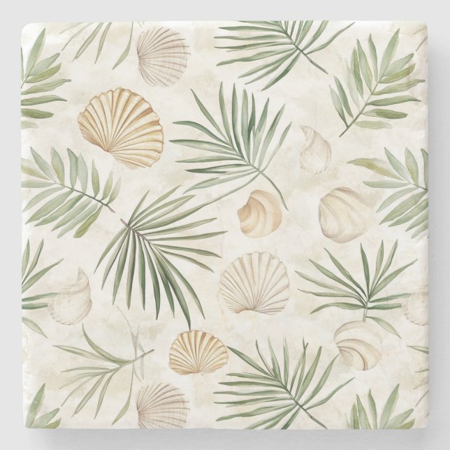 Porta-copo De Pedra Conchas de Praia Verde Creme   (Frente)