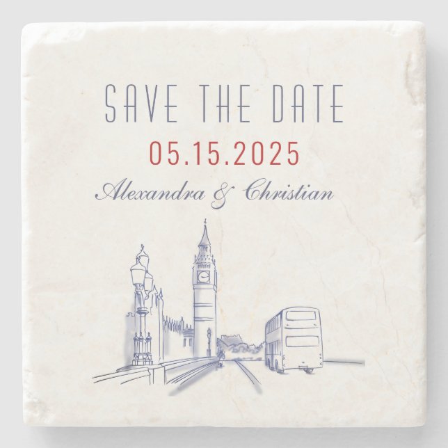 Porta-copo De Pedra Convite de Londres para Salvar a Data do Casamento (Frente)