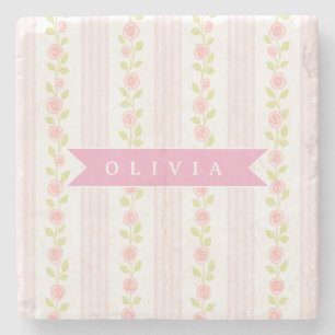 Porta-copo De Pedra Coquete personalizado feminino rosa floral listrad