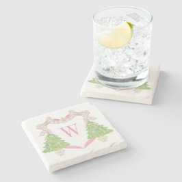 Porta-copo De Pedra Cor da Água Cor Rosa Árvore de Natal Monograma Cre