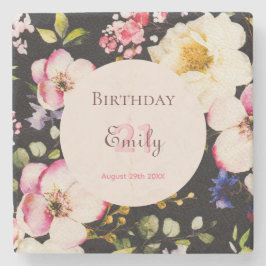 Porta-copo De Pedra Cor da Água Rosa e Rosas Amarelas em Preto, Aniver