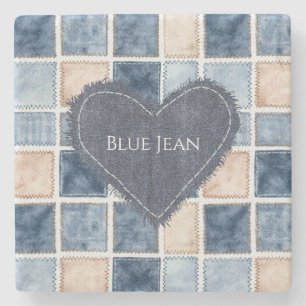 Porta-copo De Pedra Coração de Jeans Azul Creme Falso