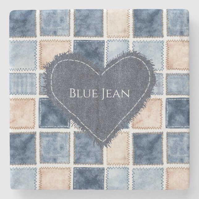 Porta-copo De Pedra Coração de Jeans Azul Creme Falso (Frente)