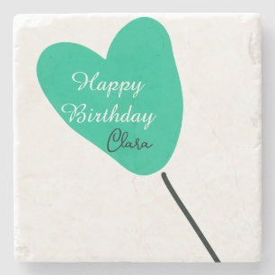 Porta-copo De Pedra Coração verde feliz aniversário branco balão preto