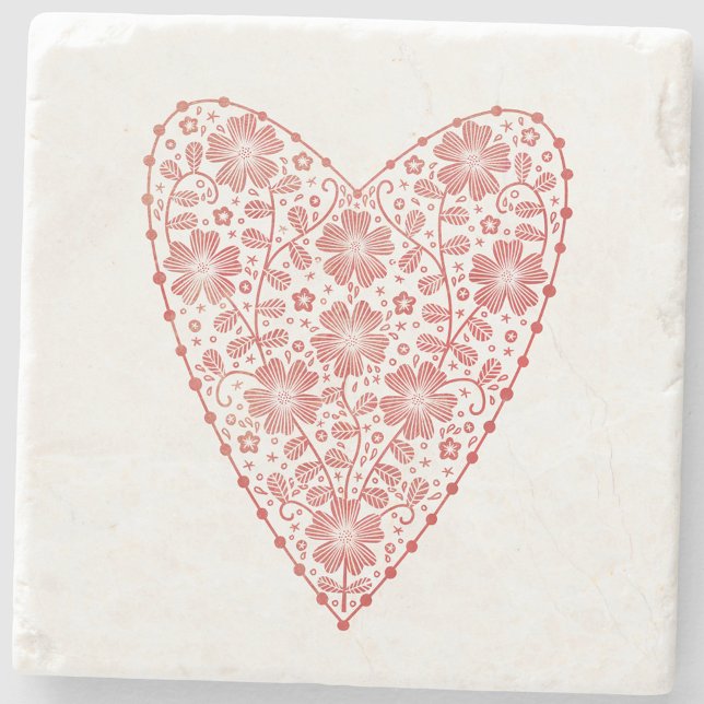 Porta-copo De Pedra Coração - Vermelho Escandinavo Branco (Scandinavian folk art floral heart red and white stone coaster)