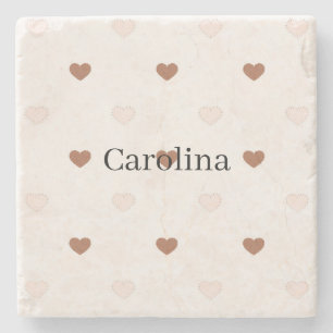 Porta-copo De Pedra Corações de Amor Rosa Bege Marrom