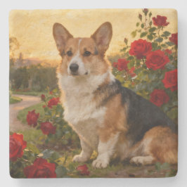 Porta-copo De Pedra Corgi in the Roses II