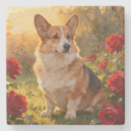 Porta-copo De Pedra Corgi in the Roses III