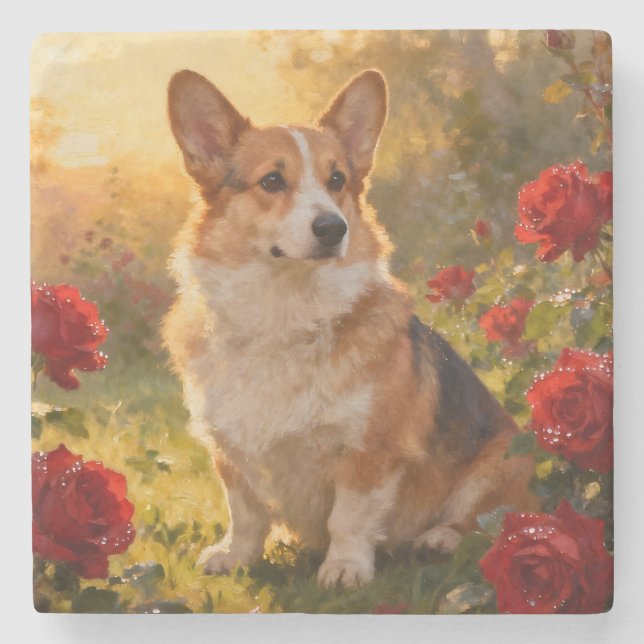 Porta-copo De Pedra Corgi in the Roses III (Frente)